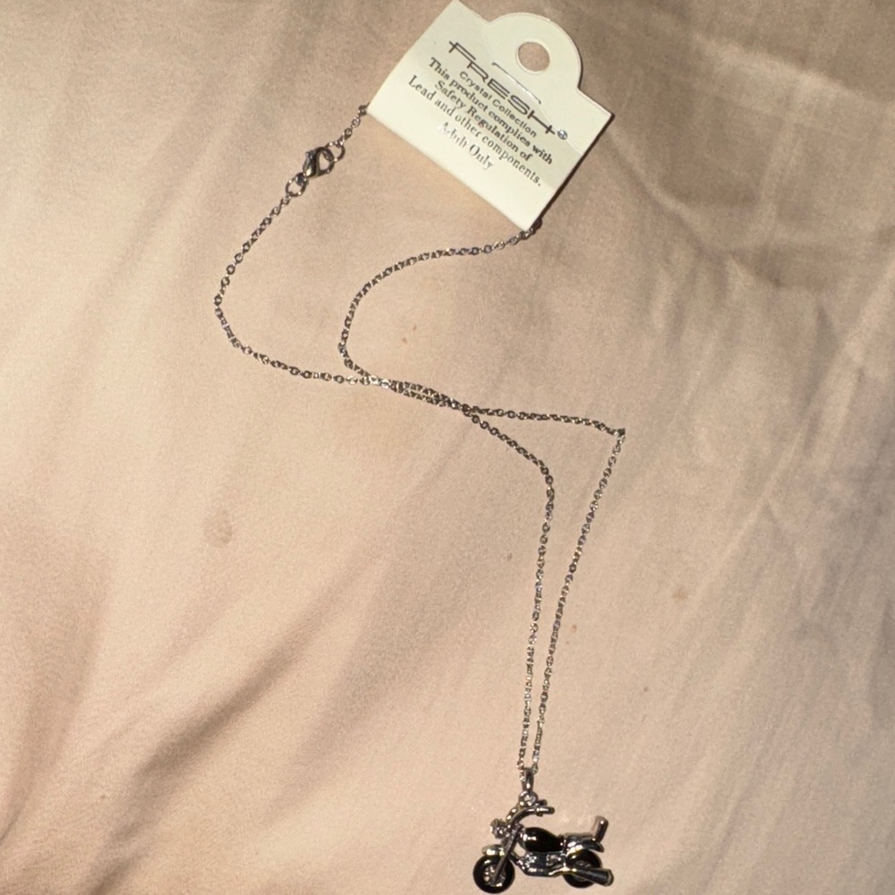 Silver tone Motorcycle Pendant Necklace 15-17”